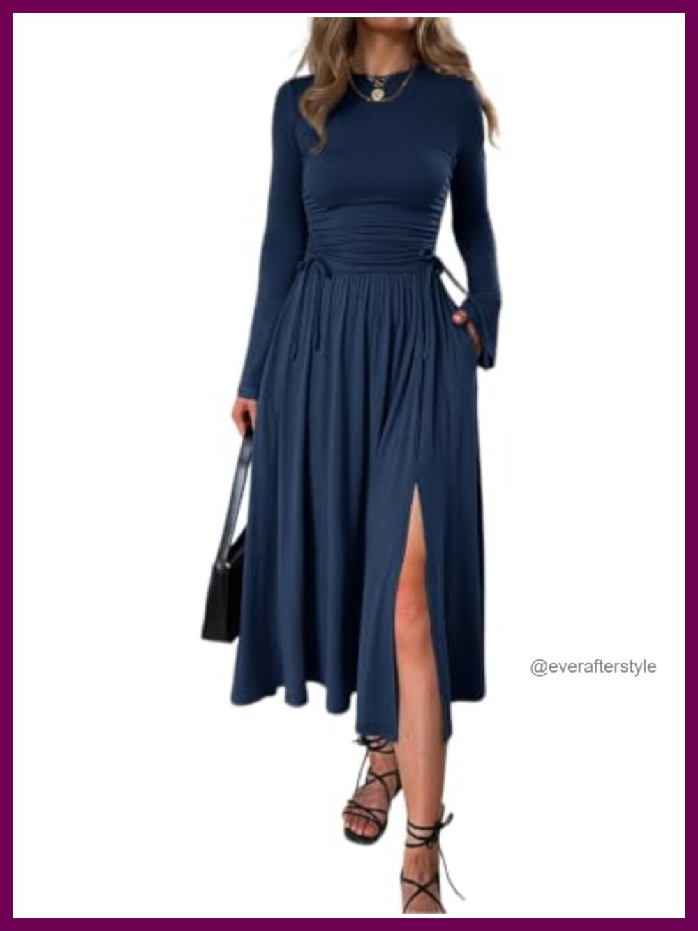 Mieazom Women's Long Sleeve Ruched A-Line Midi Dress with Pockets